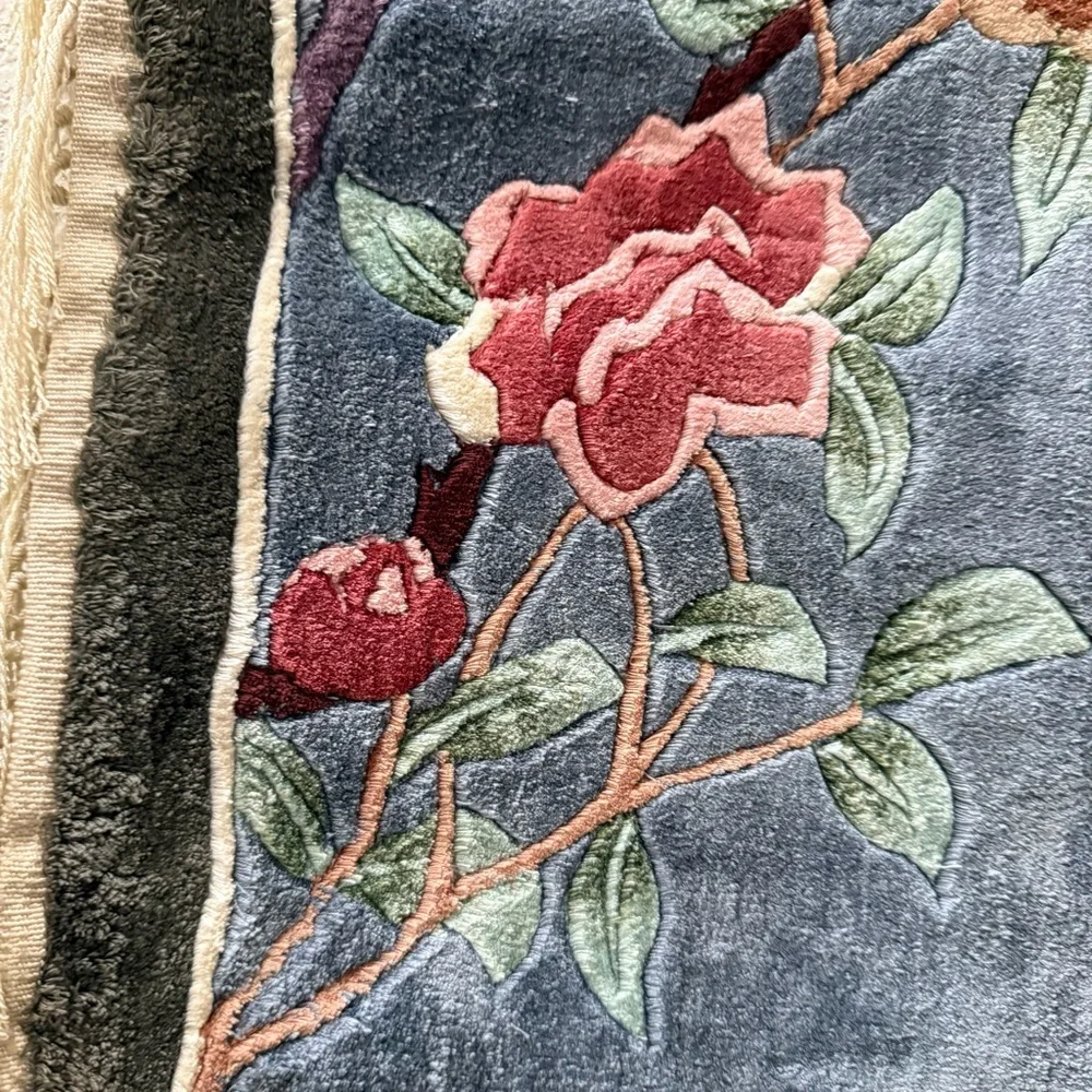 Vintage Hand-Knotted Chinese Silk Bird Flowers Wall Hanging Tapestry Rug 24”X12”